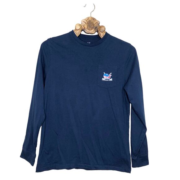 Vineyard Vines T Shirt Long Sleeve Hockey Whale Navy Blue Crew Neck Graphic Tee - Picture 1 of 8